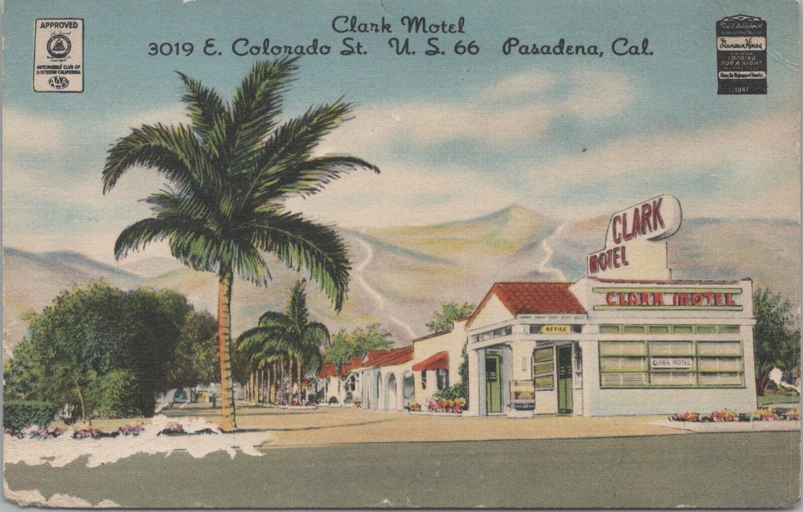 Pasadena CA The Clark Motel 3019 E Colorado St on Route 66 1953