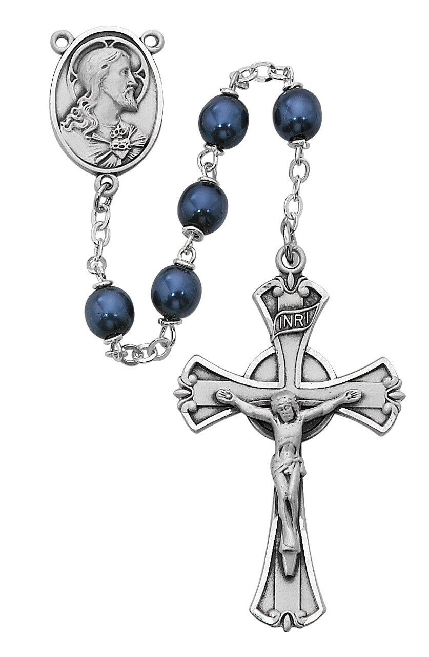 Jesus Dark Blue Bead Rosary Sterling Silver Center And INRI Crucifix 7mm Beads