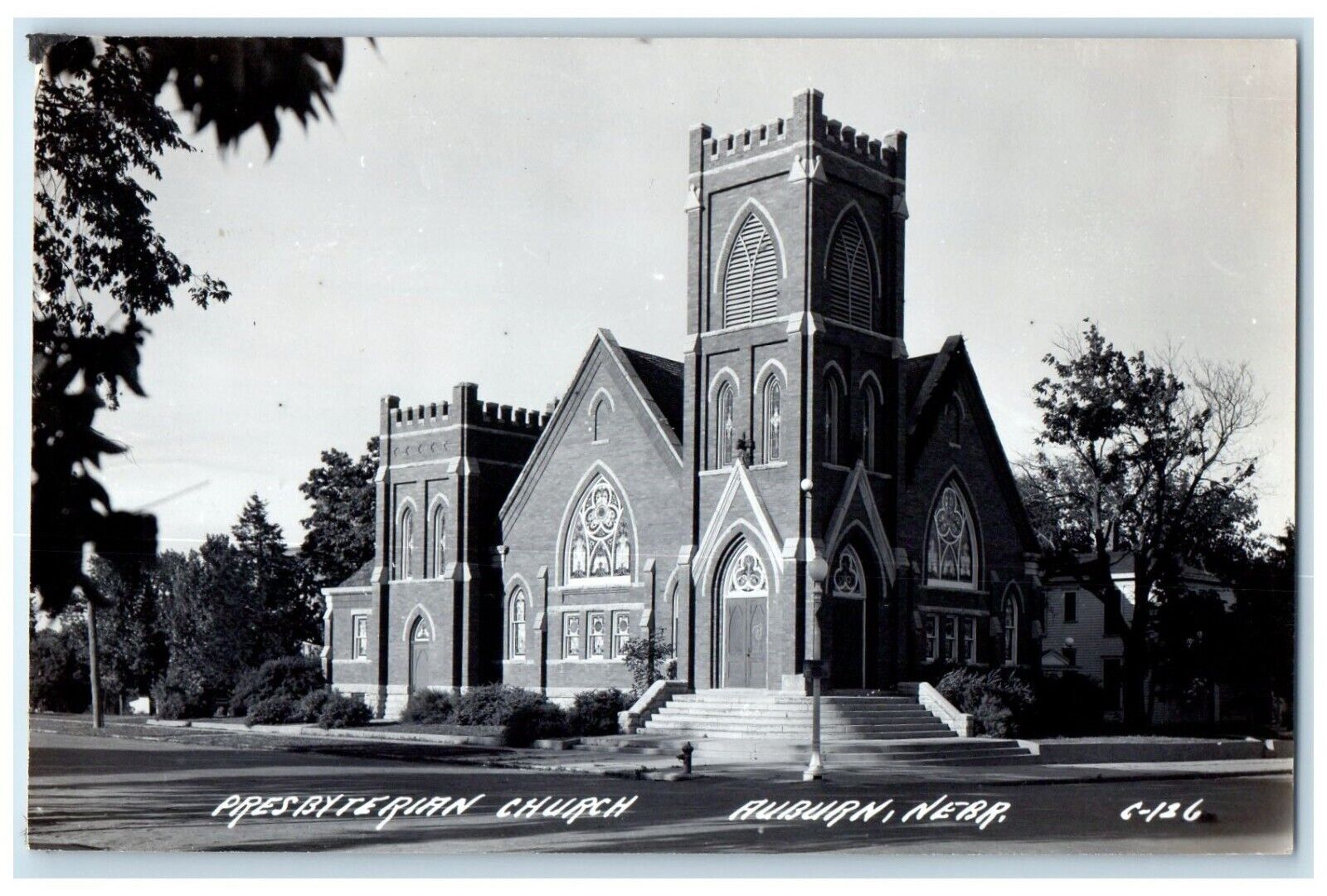 c1940's Presbyterian Church Scene Street Auburn Nebraska NE RPPC Photo Postcard