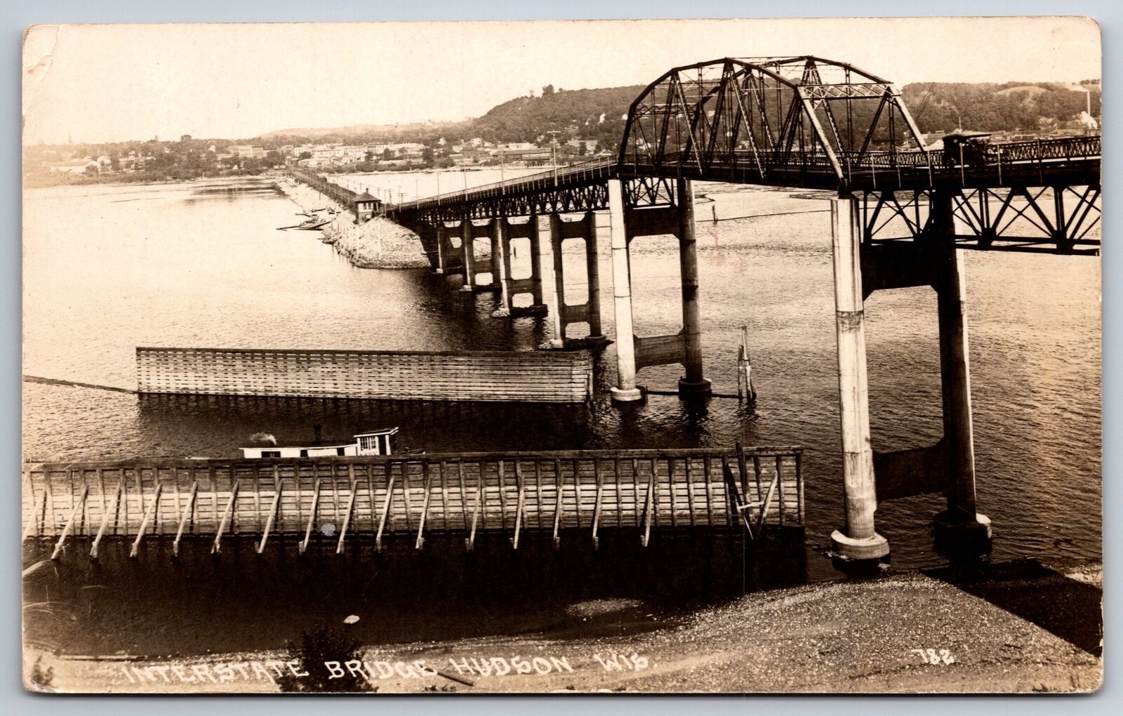 Hudson Wisconsin~Interstate Toll Bridge~Span & Dike~Small Steamer~c1913 RPPC