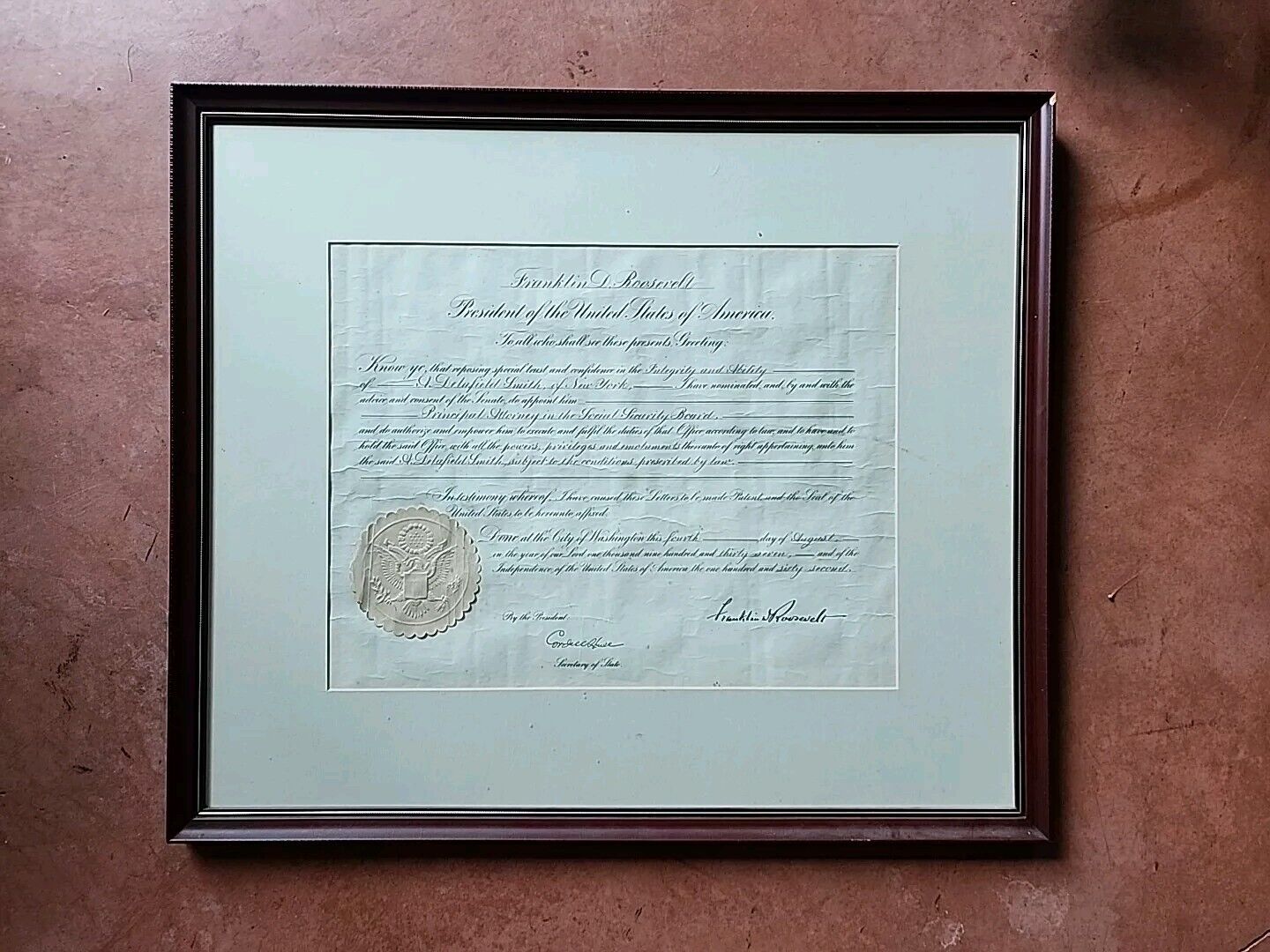 Original Franklin D. Roosevelt Signed Government Appointment NY STATE DELAFIELD