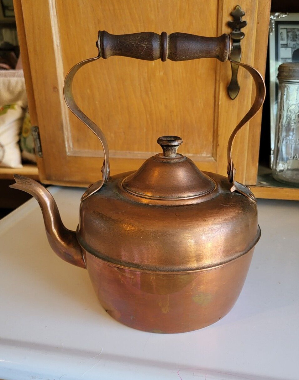 Vintage Copper Teapot kettle Primitive Rustic with Wood Handle Made in Portugal