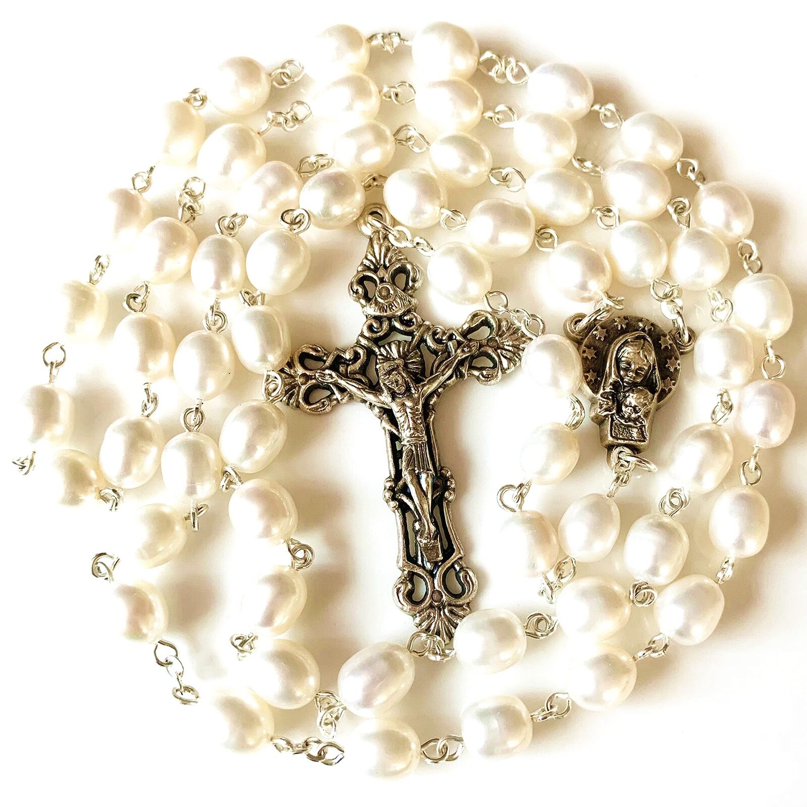 HANDMADE AAA 8-9MM Real Pearl NATURAL Pearls Rose Beads Rosary Crucifix Jesus...