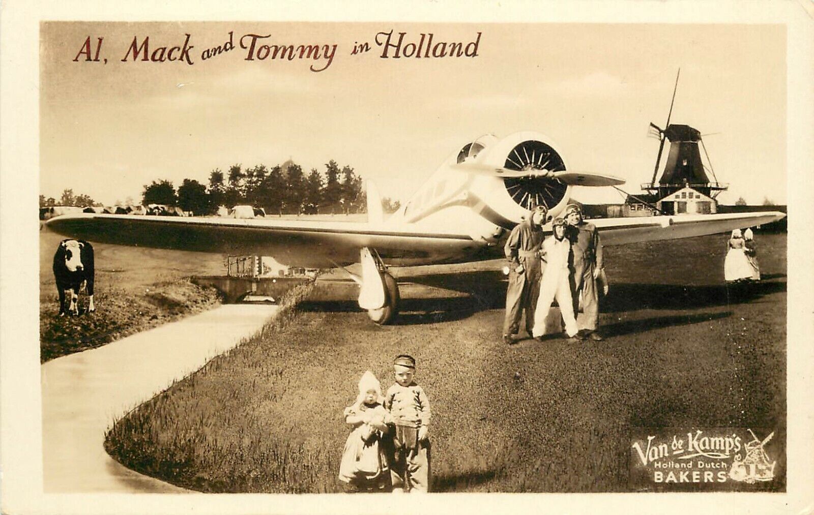 1930s Advertising RPPC Van de Kamp\'s Bakers, Al, Mack & Tom w/ Plane in Holland