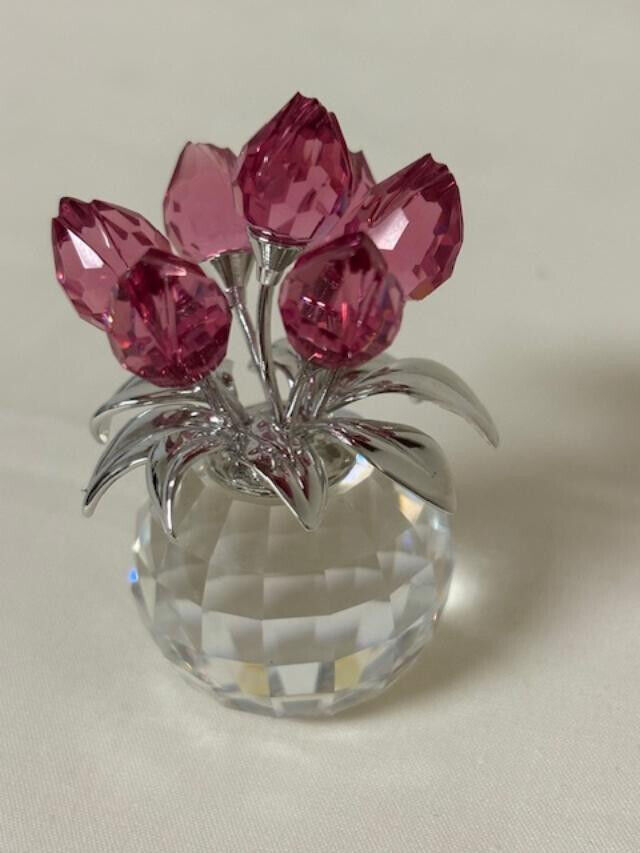 Swarovski 7 Pink Roses with Silver Leaves in Crystal Vase Love Collection