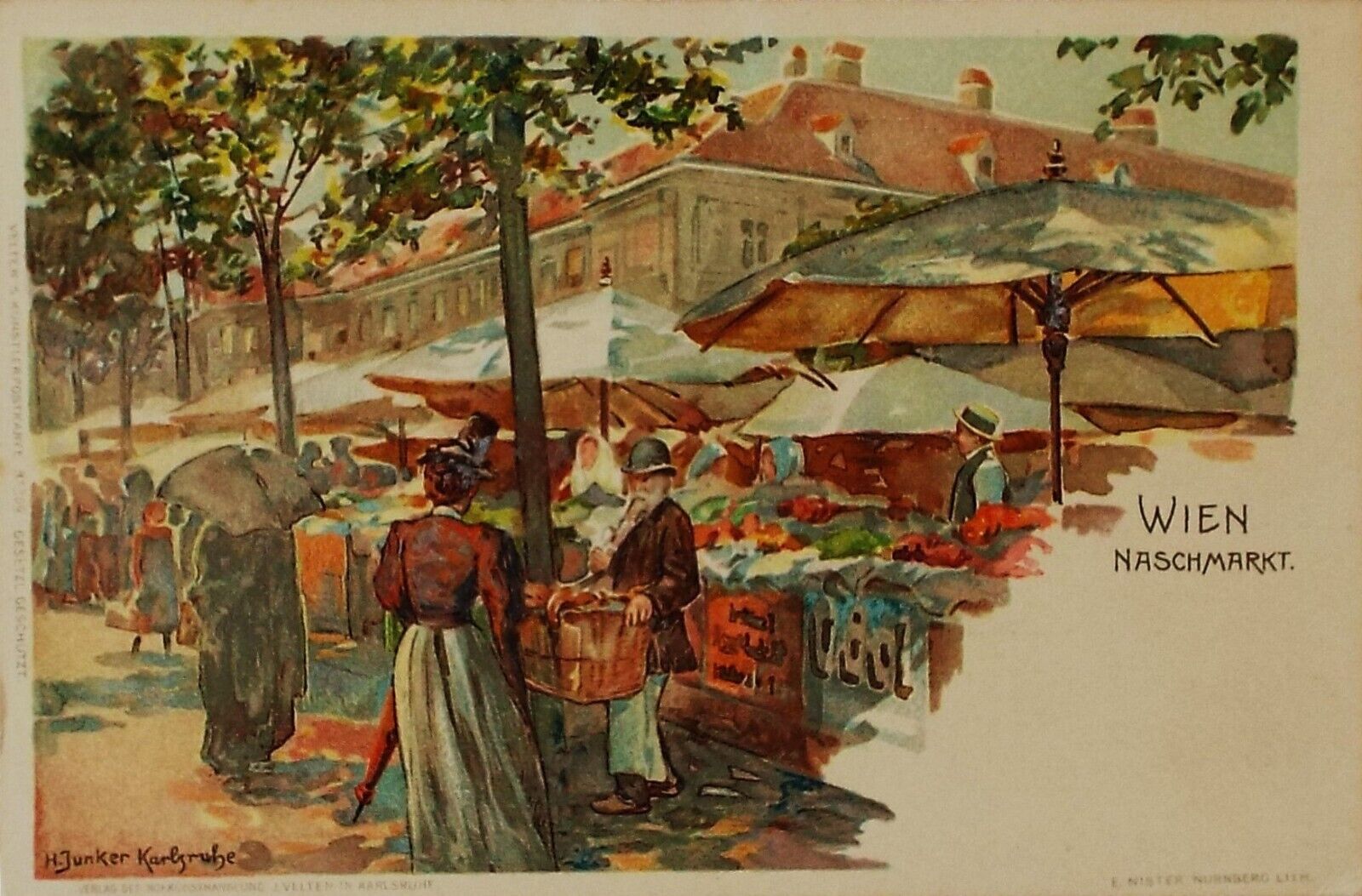 RARE EARLY Signed Junker 1898 Food Market Vienna Ernest Nister Germany