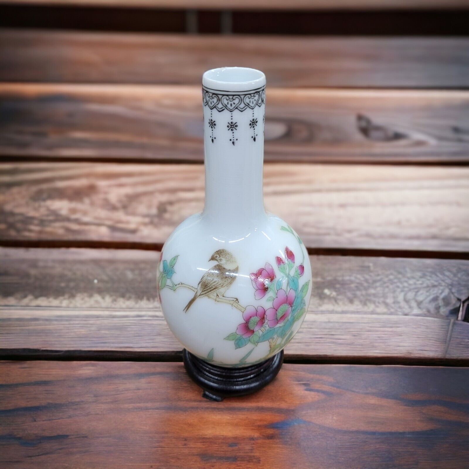 Vintage Hand Painted Chinese Porcelain Bud Vase Weed Pot Floral & Birds w/Stand
