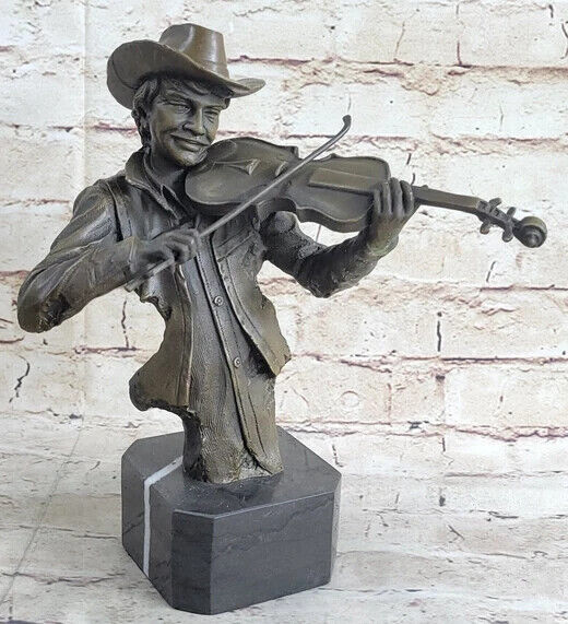 Cowboy Playing Violin Fiddle Music Bronze Sculpture Marble Statue Figurine