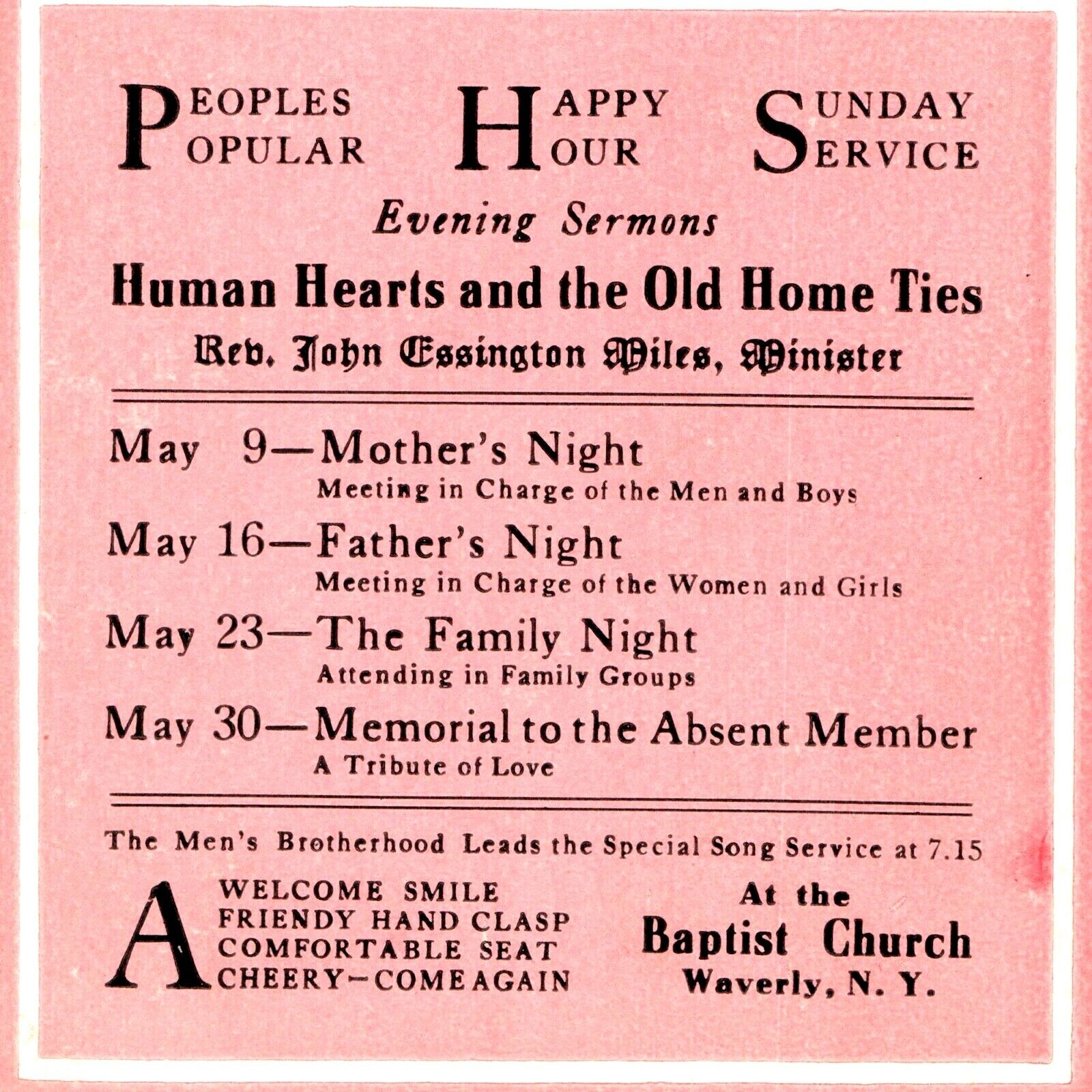 c1910s Waverly, NY Baptist Church Service Schedule Trade Card John Essington C3