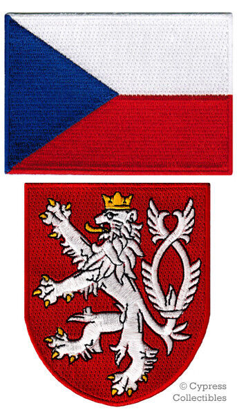 LOT of 2 CZECH Czechia FLAG PATCH EMBROIDERED IRON-ON LION COAT of ARMS SHIELD