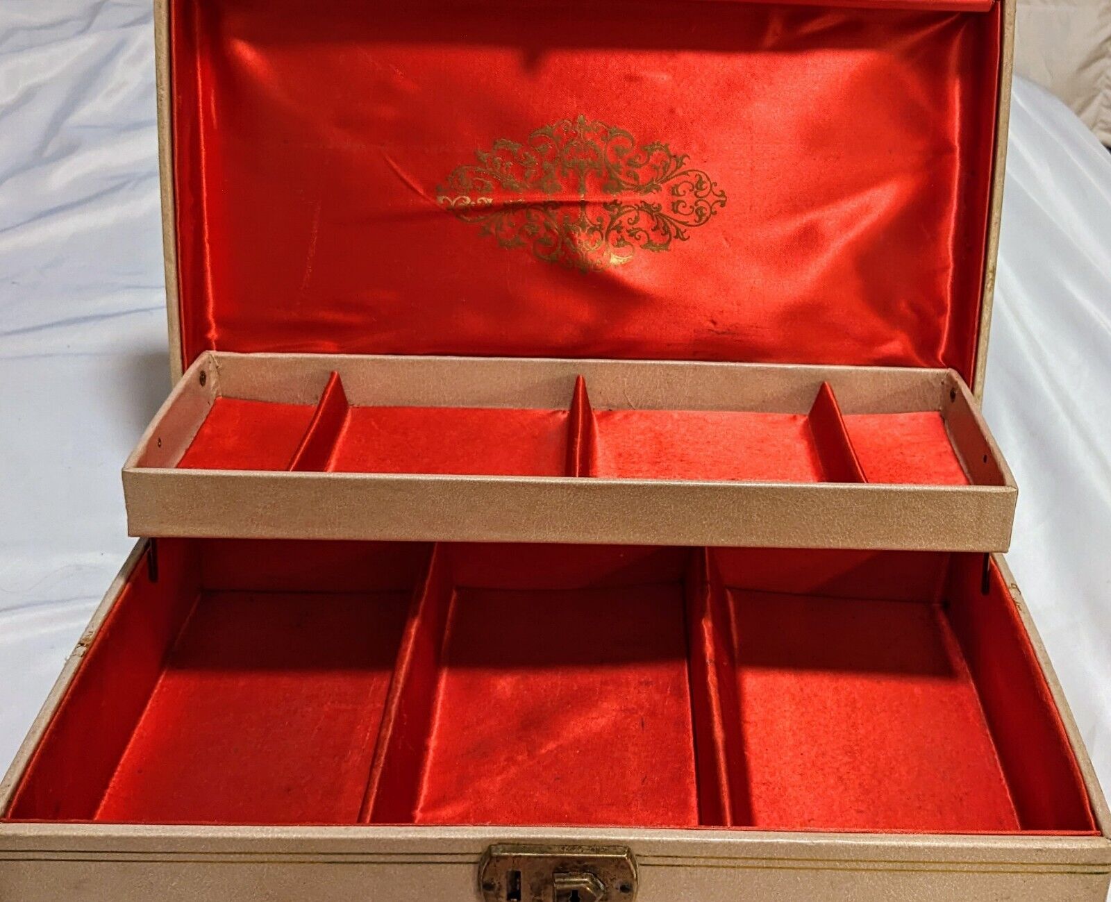 Vintage 1960's Mele Jewelry Box  2 Tier Off-White Red Satin Interior As Is