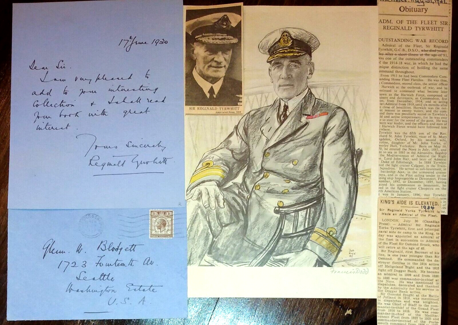 Admiral of The Fleet Reginald Tyrwhitt Signed Letter & Signed Frances Dodd Litho