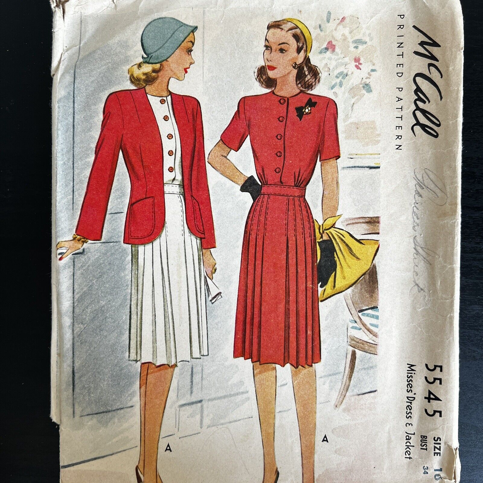 Vintage 1940s McCalls 5545 Pleated Dress + Open Jacket Sewing Pattern 16 CUT