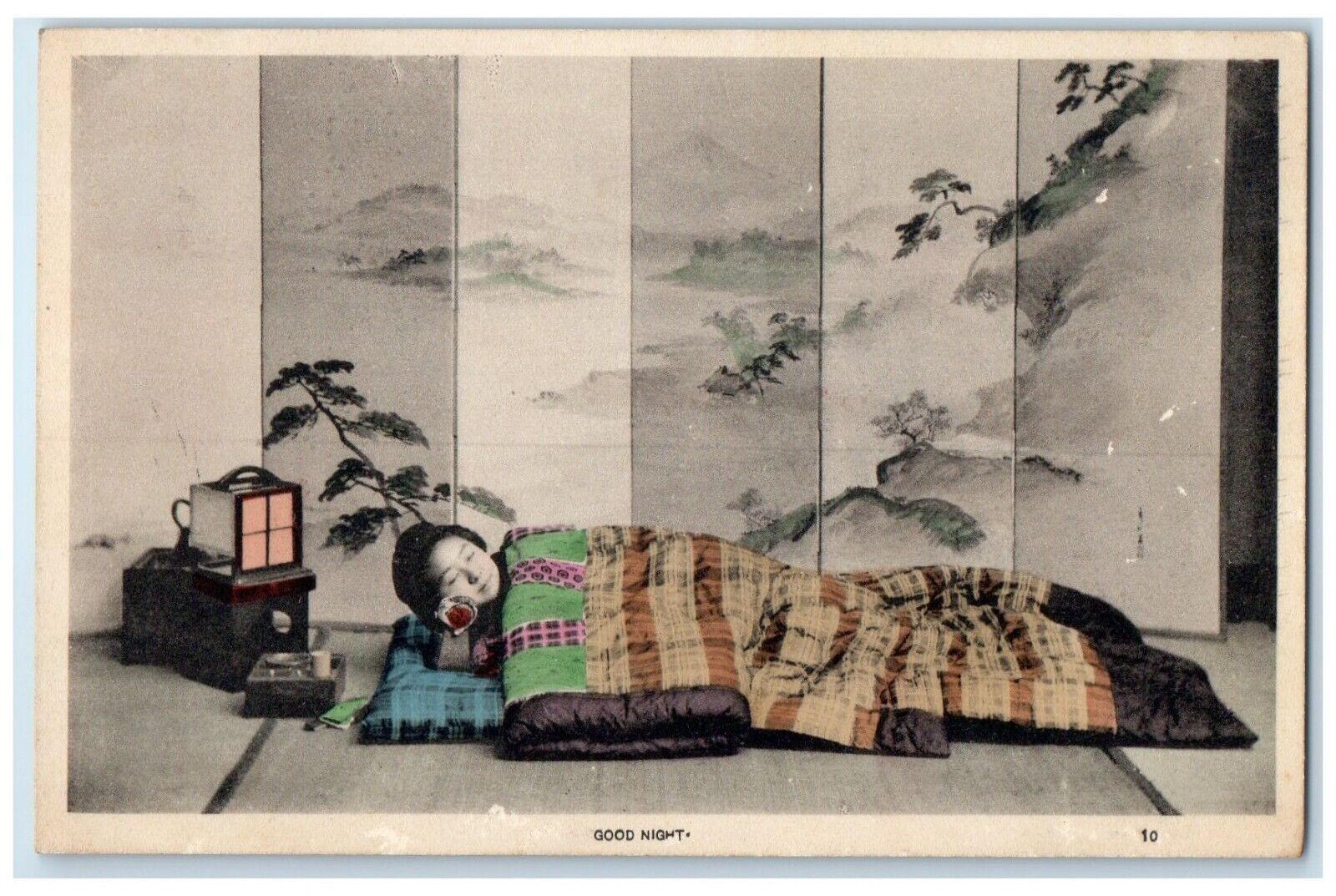 c1910's Woman Sleeping Good Night Japan Futon Tinted Posted Antique Postcard
