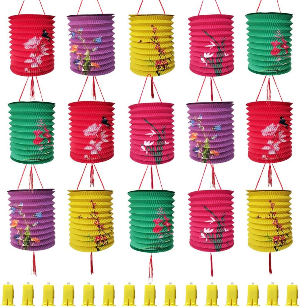 15Pack Chinese Japanese Hanging Paper Lanterns with LED Lights, Colorful Asian F