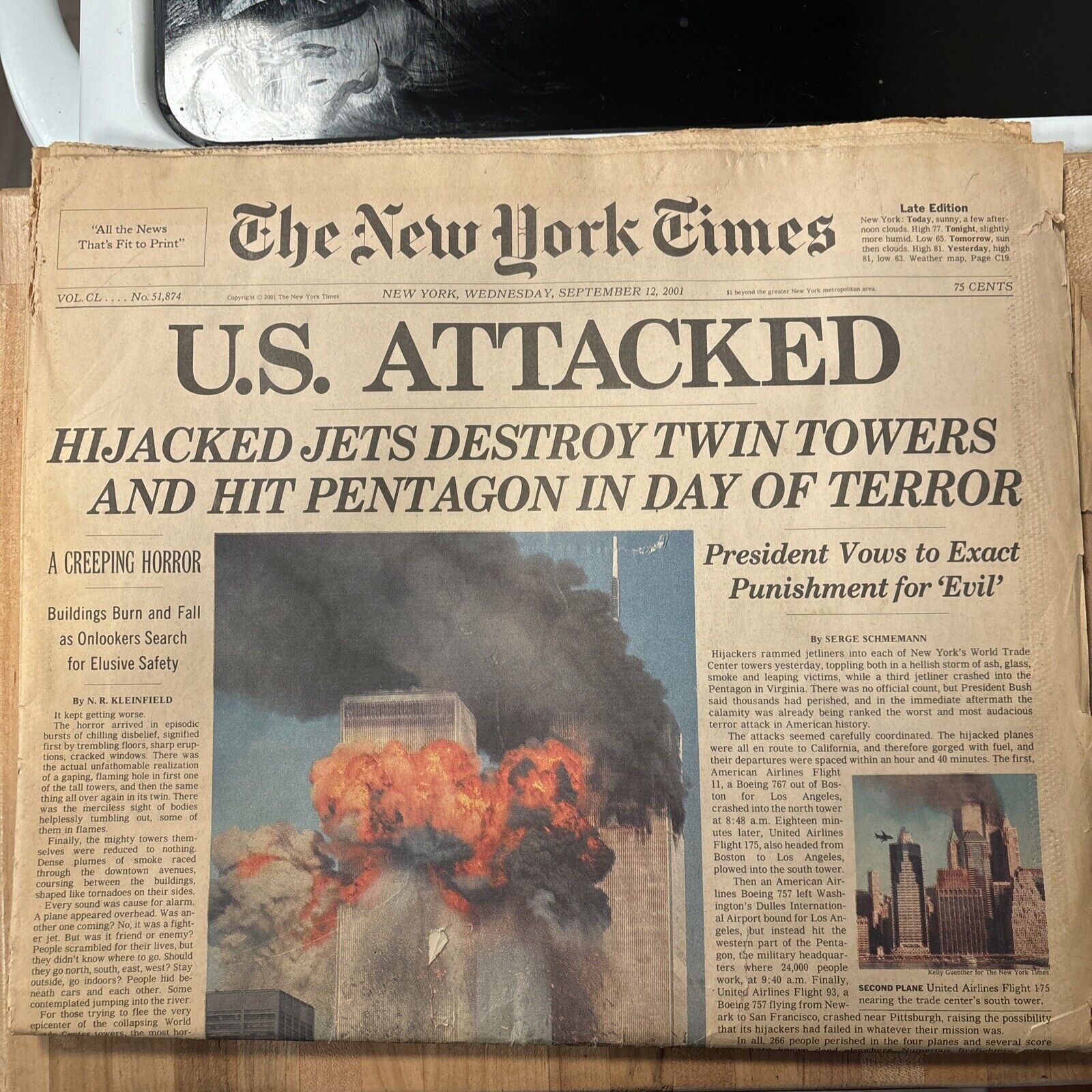 The New York Times Late Edition U.S ATTACKED Newspaper Sept 12 2001- 9/11 ATTACK