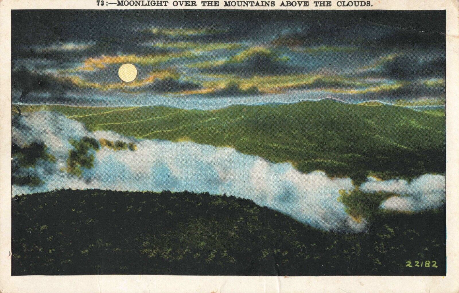 Asheville NC North Carolina, Moonlight Over Mountains & Clouds, Vintage Postcard