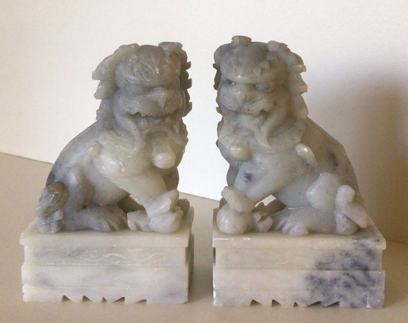 Vintage Chinese Soapstone Foo Dogs ~ Matched Set ~ 6 1/2” ~ Seven Pounds
