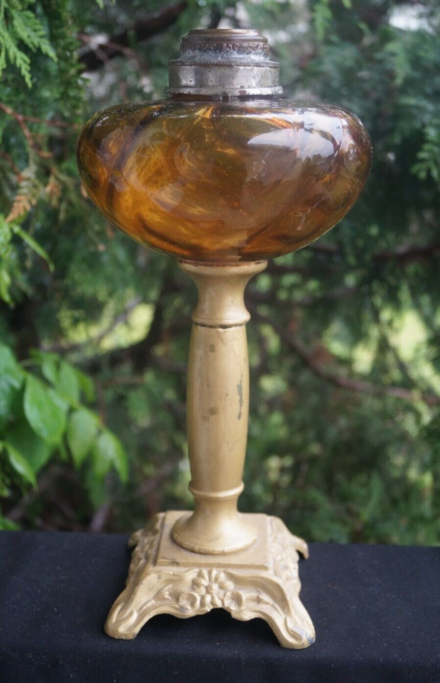 Antique 1870s Victorian French Pattern Amber Glass Oil Lamp - DEPOSE SIGNED