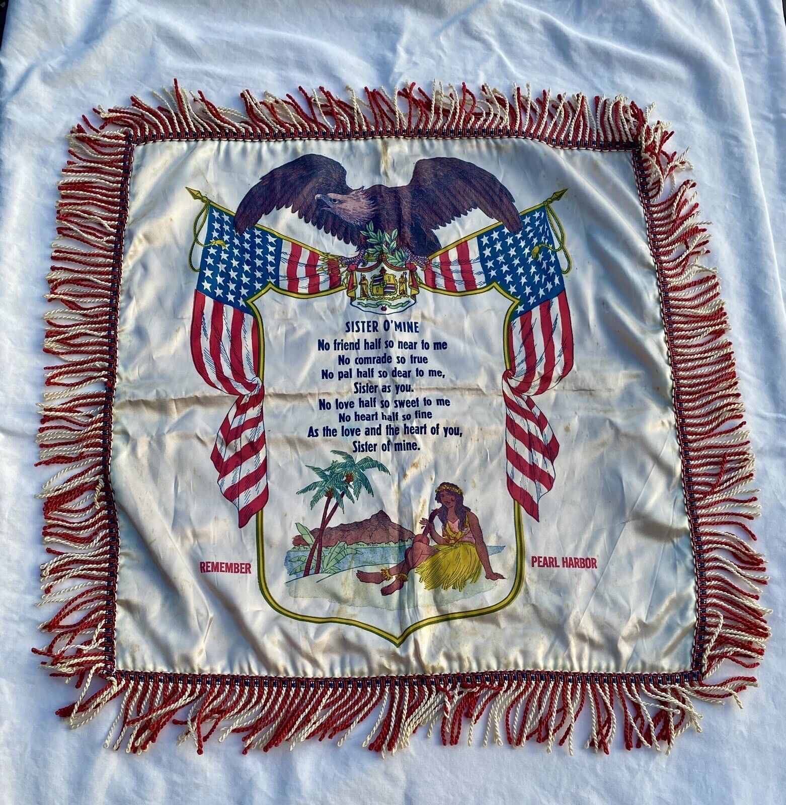 WWII Satin Souvenir Fringed Pillow Cover Remember Pearl Harbor Sister