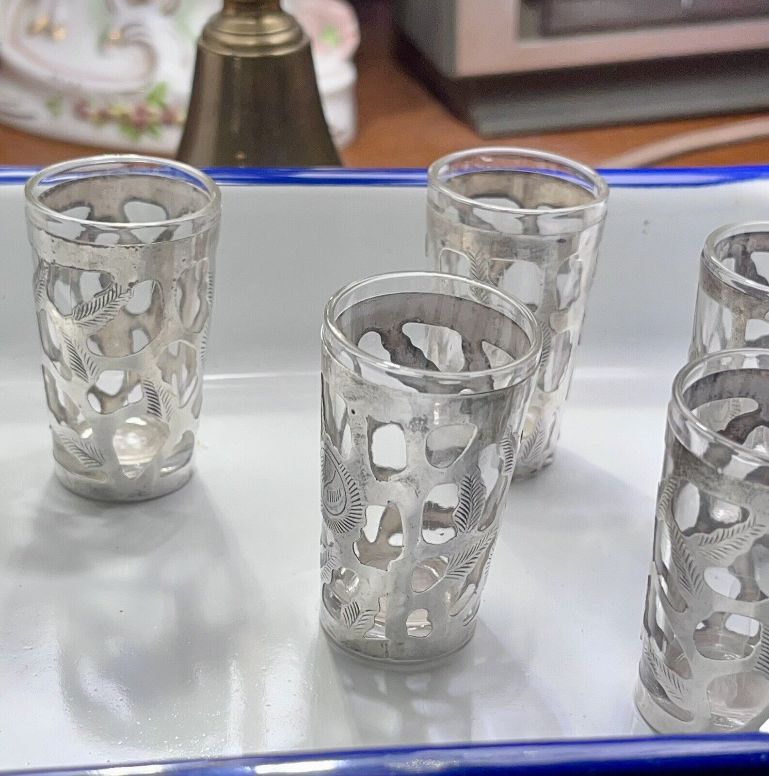 Vintage 925 STERLING SILVER Overlay Flower Motif for SHOT GLASS Mexico Set of 5
