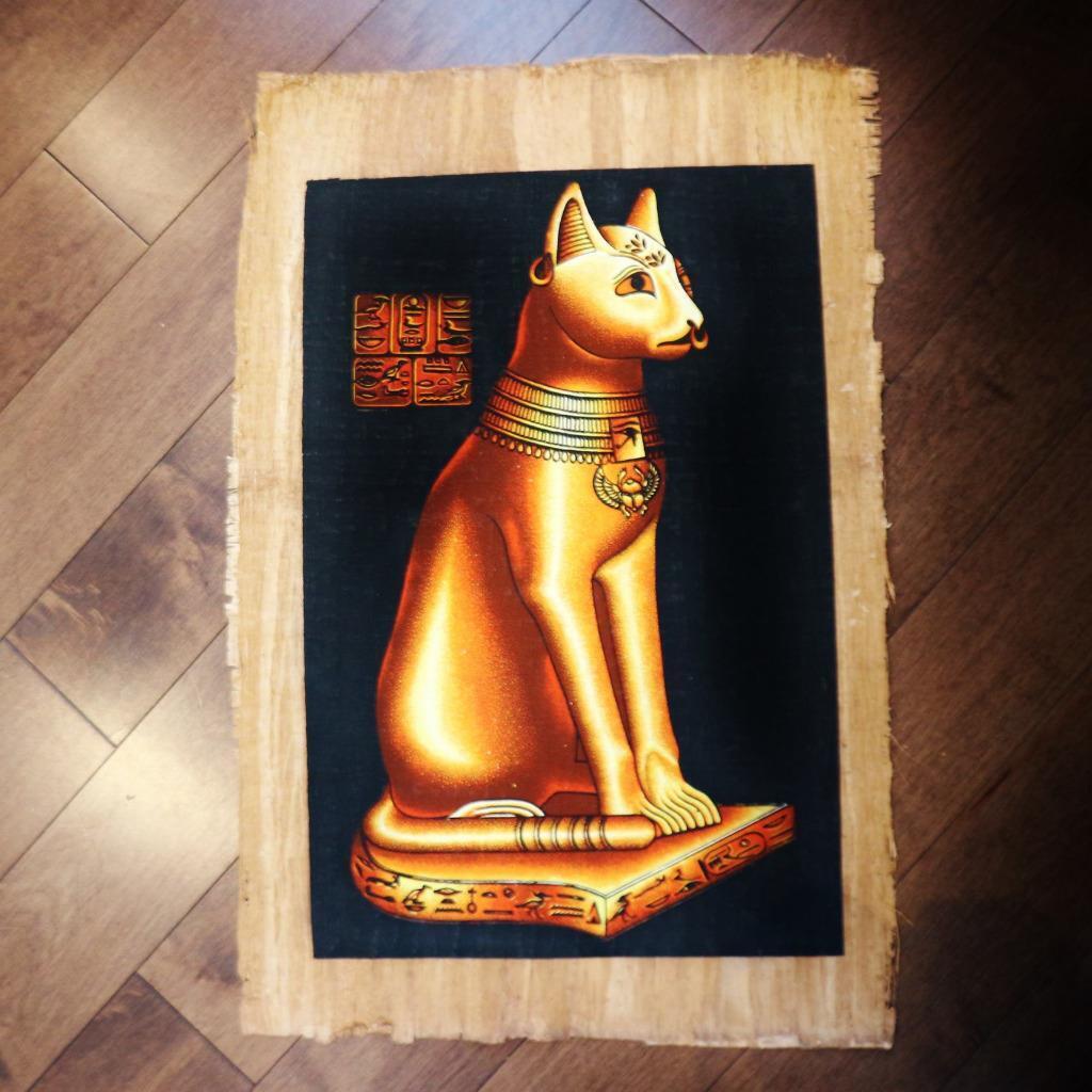 XL Unique Signed Handmade Papyrus Egyptian Mythical Cat Bastet Painting..25