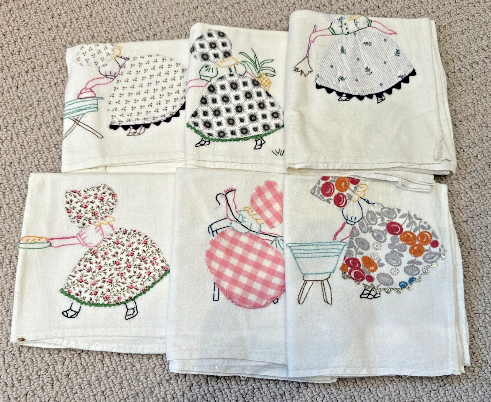 VINTAGE 6 Hand-Embroidered Flour Sack Dish Towels 28