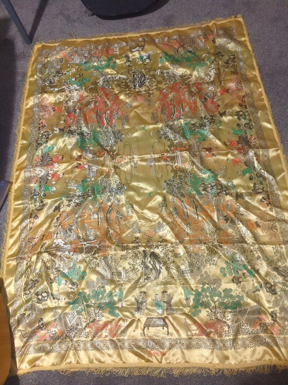Vtg CHINESE  SATIN Embroidered Fringe Tablecloth, Approx 66inx49in