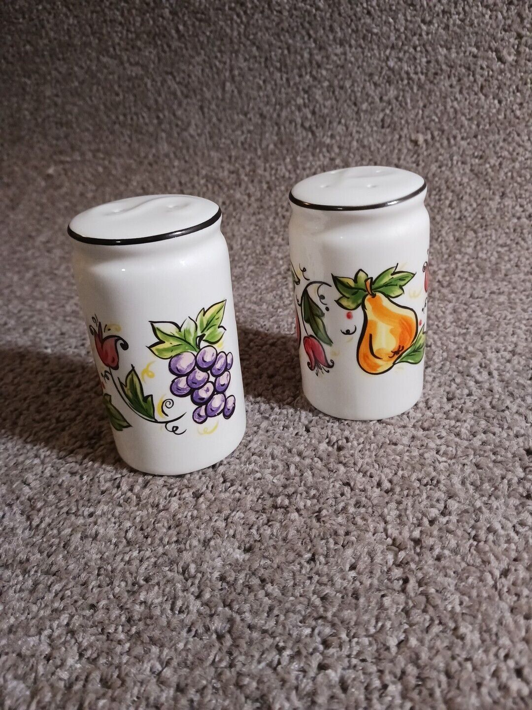 Vintage Salt and Pepper Shakers, 80’s Fruit Themed, Grapes, Apples Pears, Flower