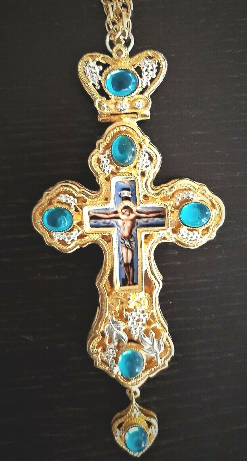 Orthodox Priest Pectoral Cross Goldplated Blue Stones