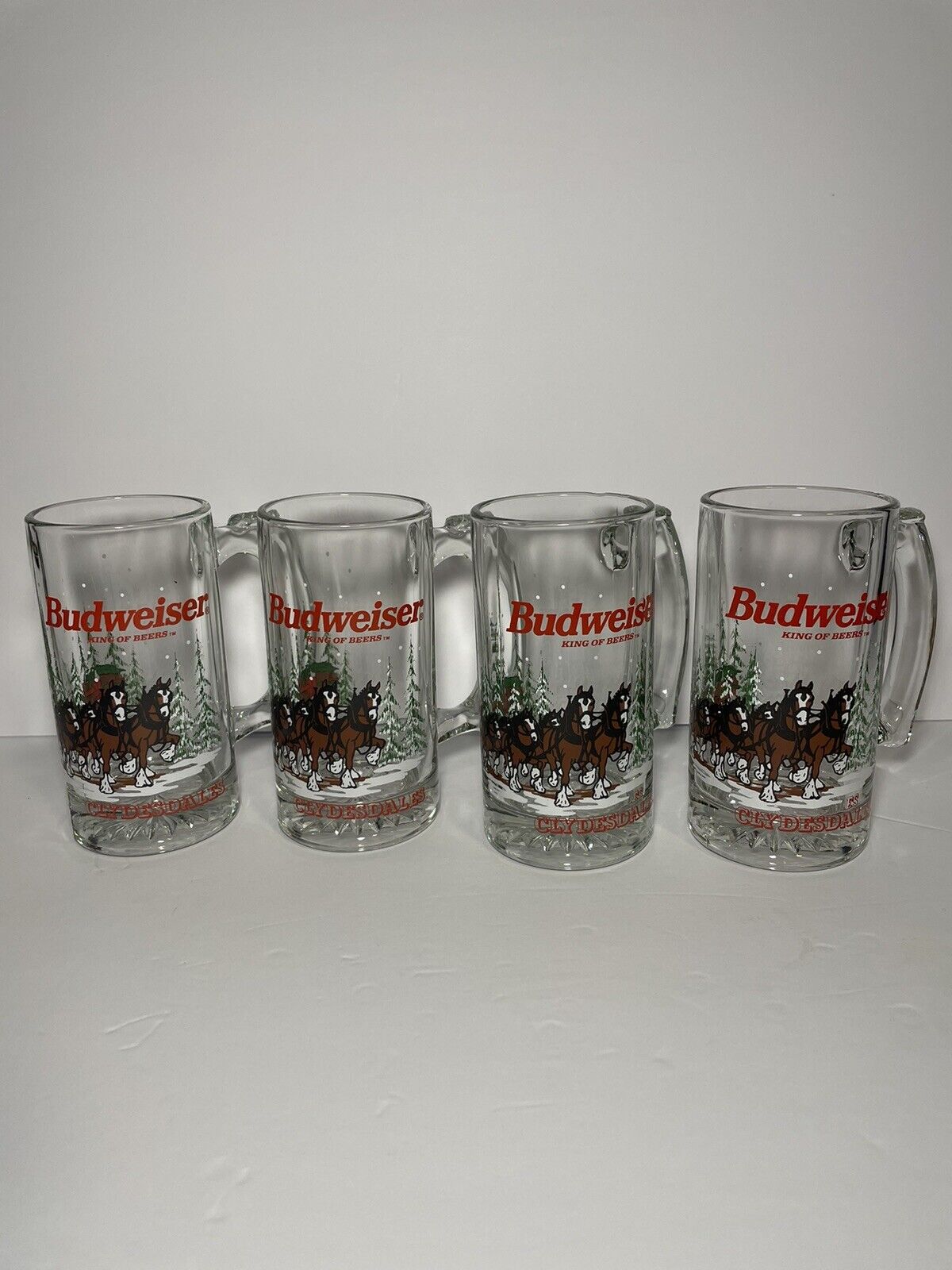 4 - 1989 Vintage Clydesdales Budweiser Collectible Holiday Glass 12 oz Beer Mugs