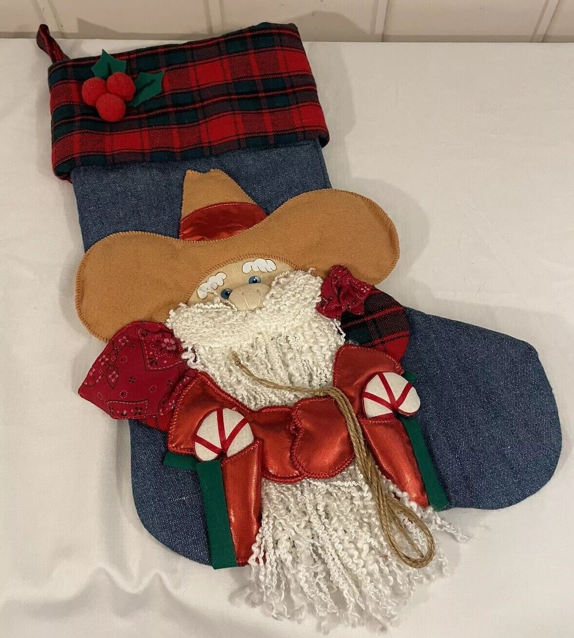 Vintage Christmas Stocking Cowboy Santa Claus Candy Cane Plaid Holiday