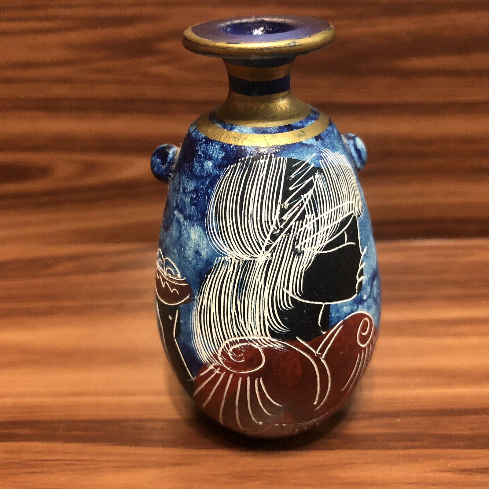 Vintage Hellas Handmade Miniature Vase Greece Blue with Painted Woman Figure