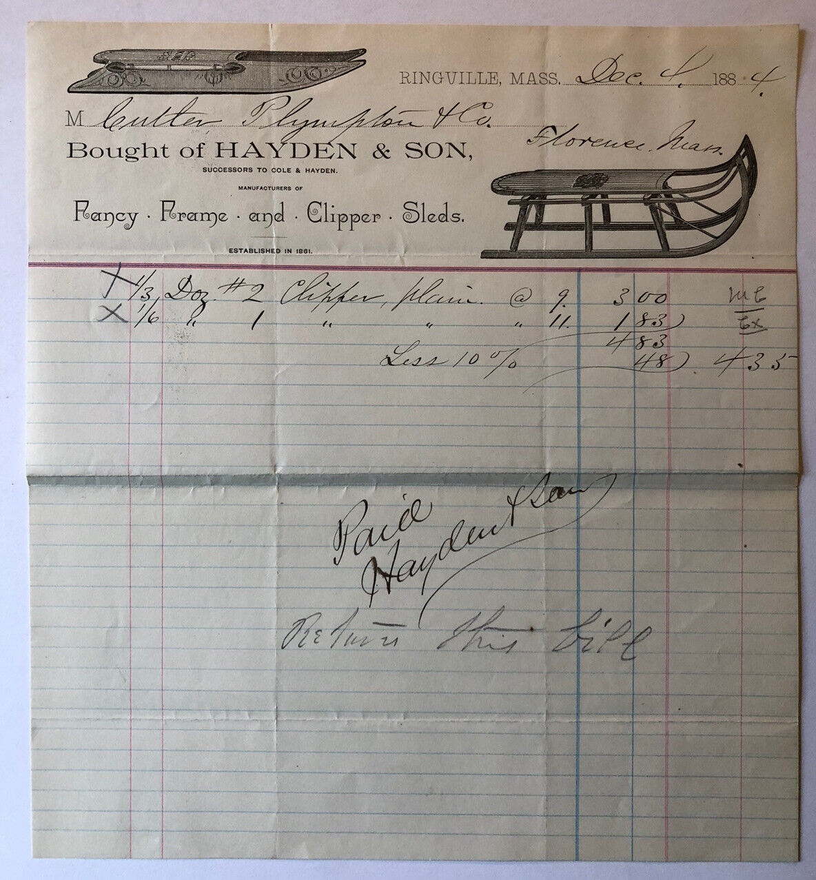 RINGVILLE MA / Worthington, MA 1884 BILLHEAD Hayden & Son Fancy Clipper Sleds