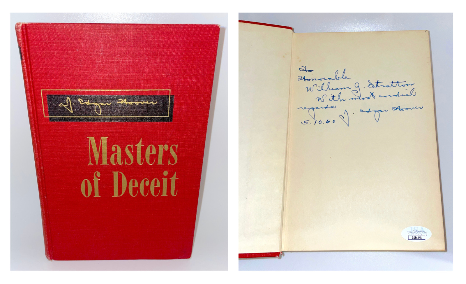 J EDGAR HOOVER Signed MASTERS OF DECEIT Book Authentic Autograph JSA COA Cert