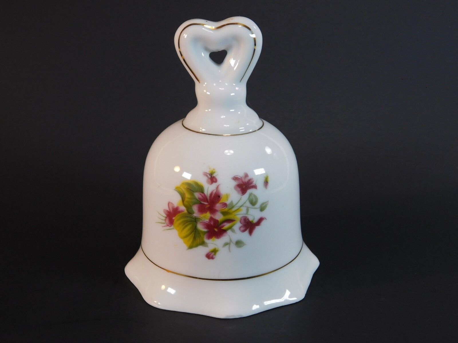 Enesco White Porcelain Bell Painted Floral Heart Shape Handle Ceramic Clapper
