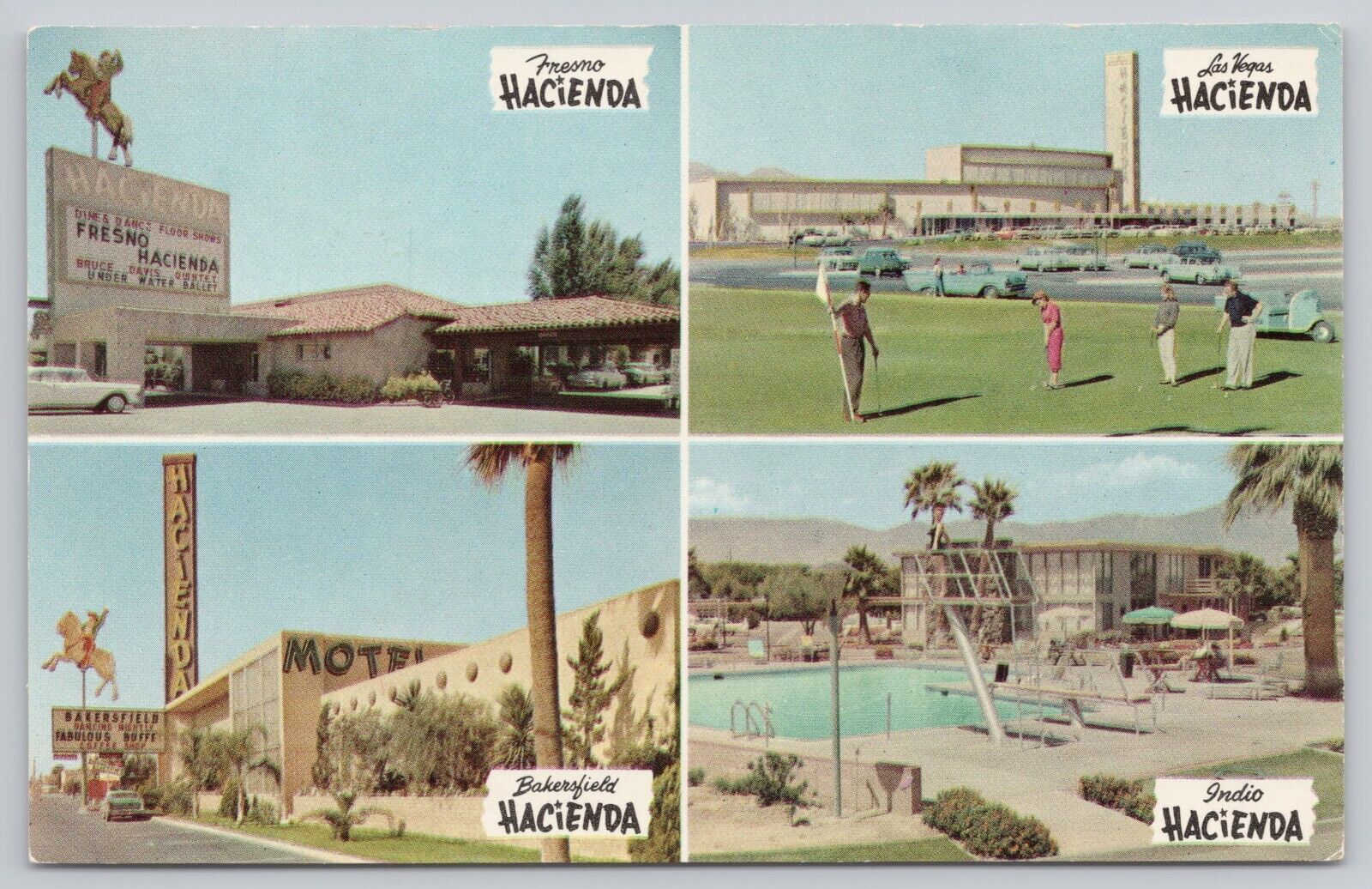 Fresno Las Vegas Bakersfield Indio CA, Hacienda Motel Advertising, VTG Postcard