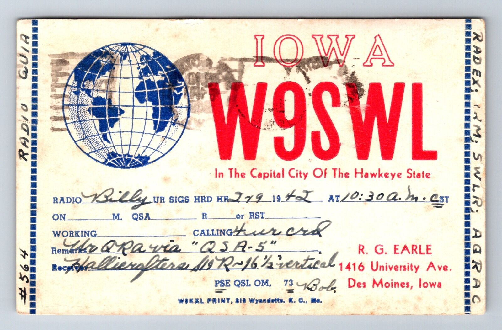 Vintage Ham Radio Amateur QSL QSO Postcard W9SWL Des Moines, Iowa 1942