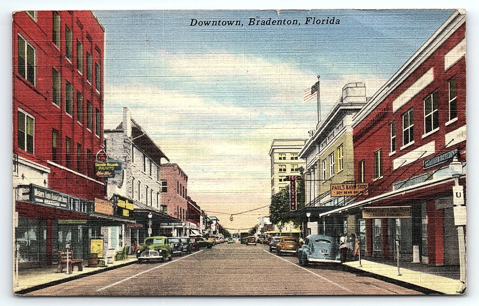 1940s BRADENTON FLORIDA DOWNTOWN MAIN ST BUSINESSES LINEN POSTCARD P4004