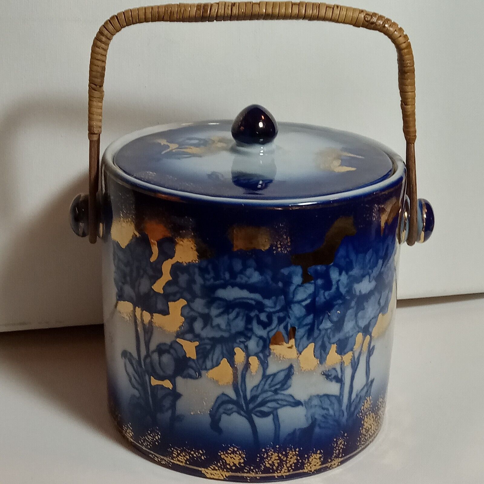 Antq. Victoria Ware Biscuit/Tea jar Ironstone flow blue rattan handle w/lid