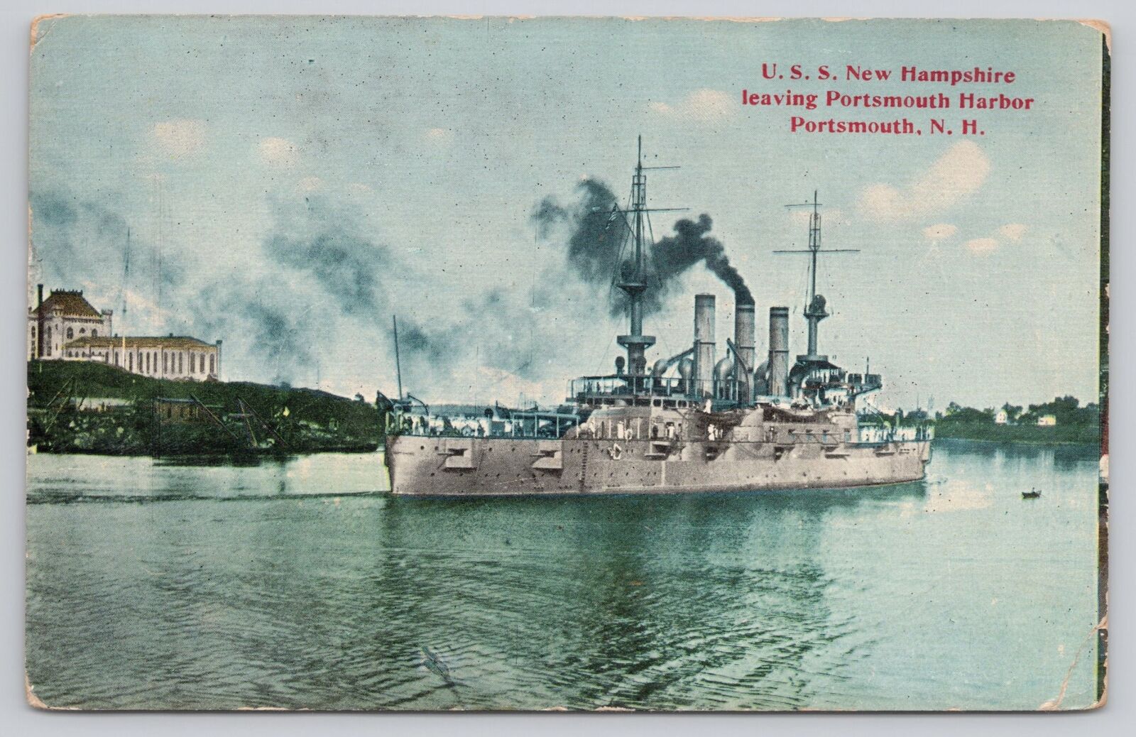 Postcard USS New Hampshire Leaving Portsmouth Harbor