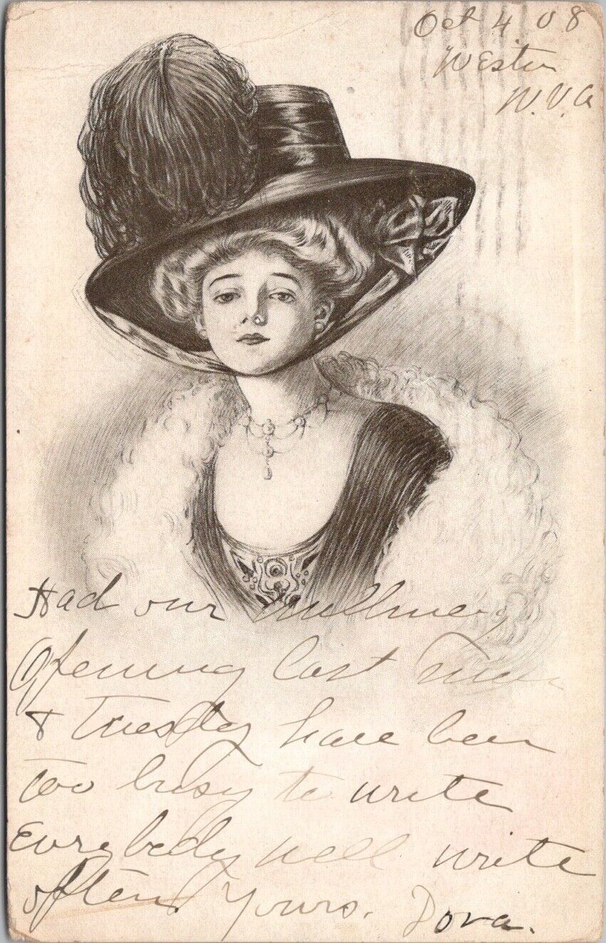 Vintage 1908 PRETTY LADY Postcard Fashion / Very Large Hat *Writing on Front