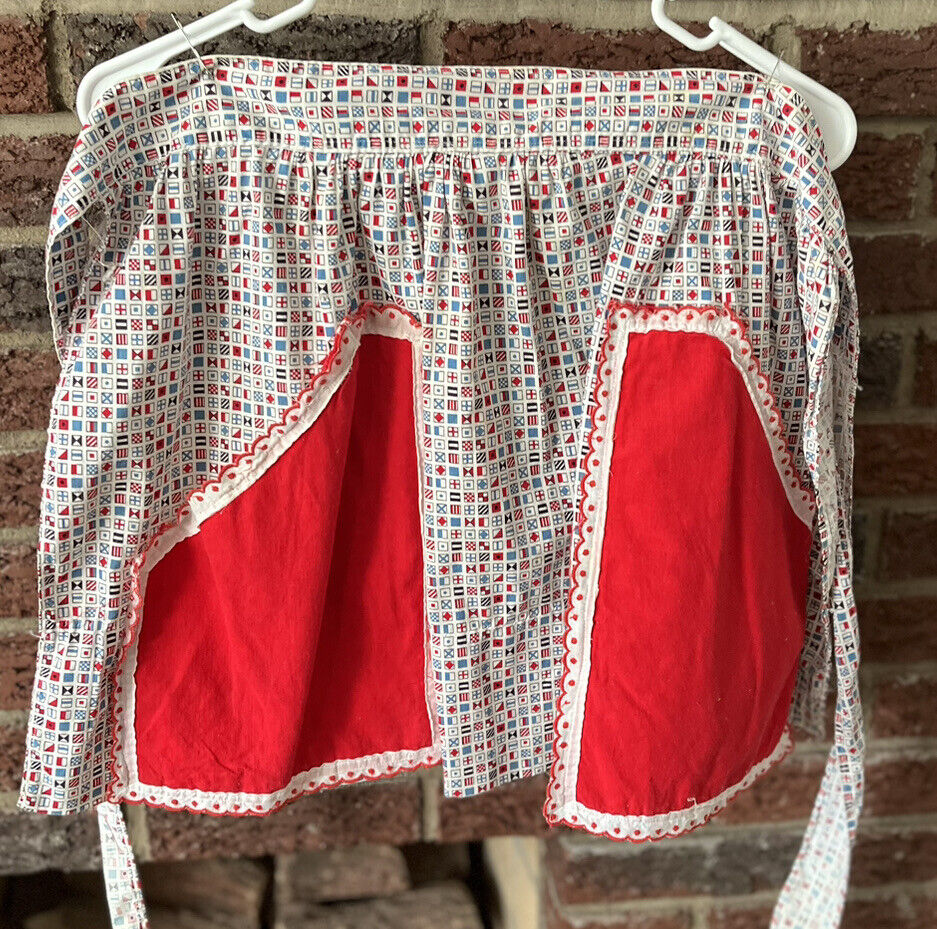 Vintage Handmade Cotton Apron Red White And Blue Flags 17” X 28” Pockets