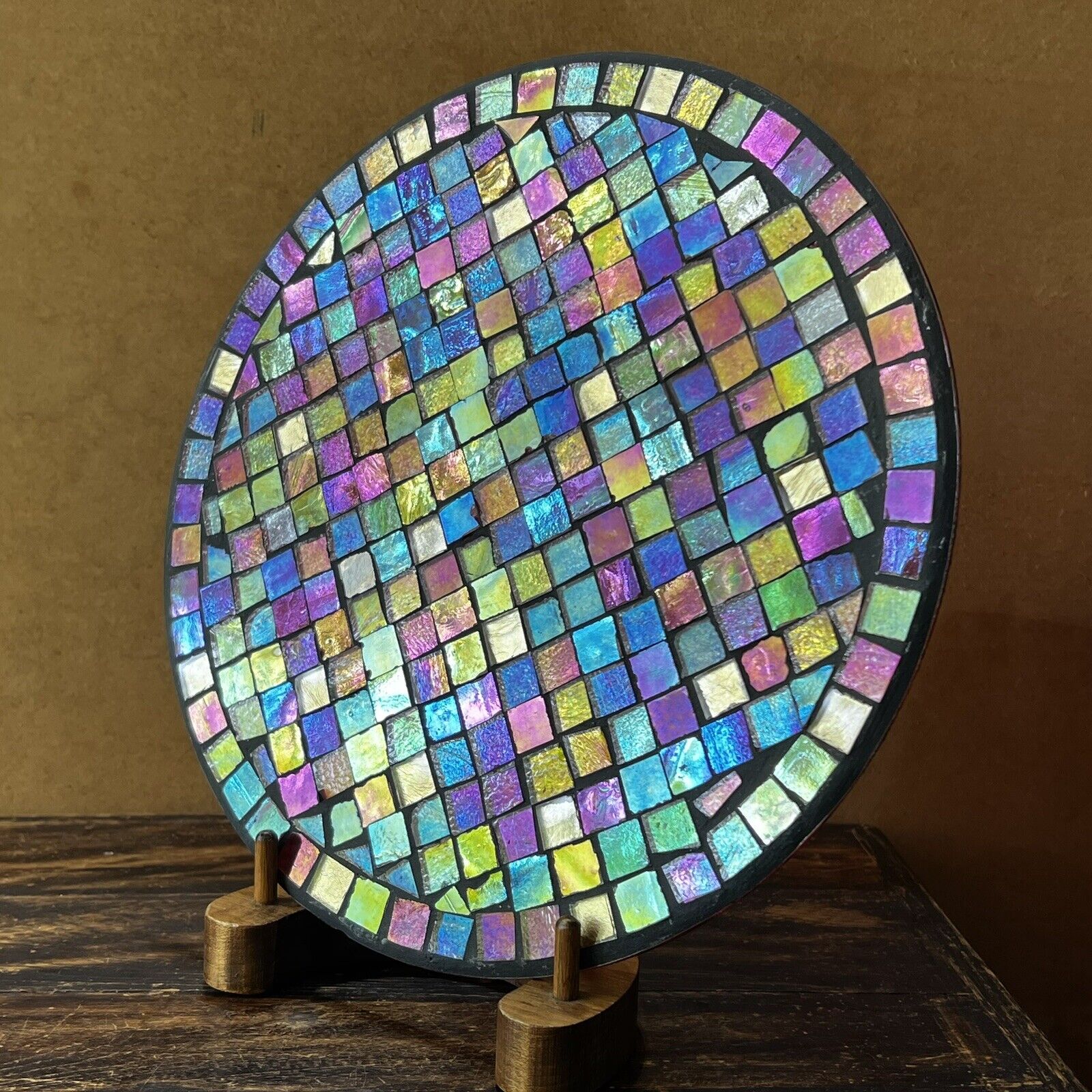 Vintage Mosaic Rainbow Red Gold Stained Glass Mid Century Metamorphic Platter.