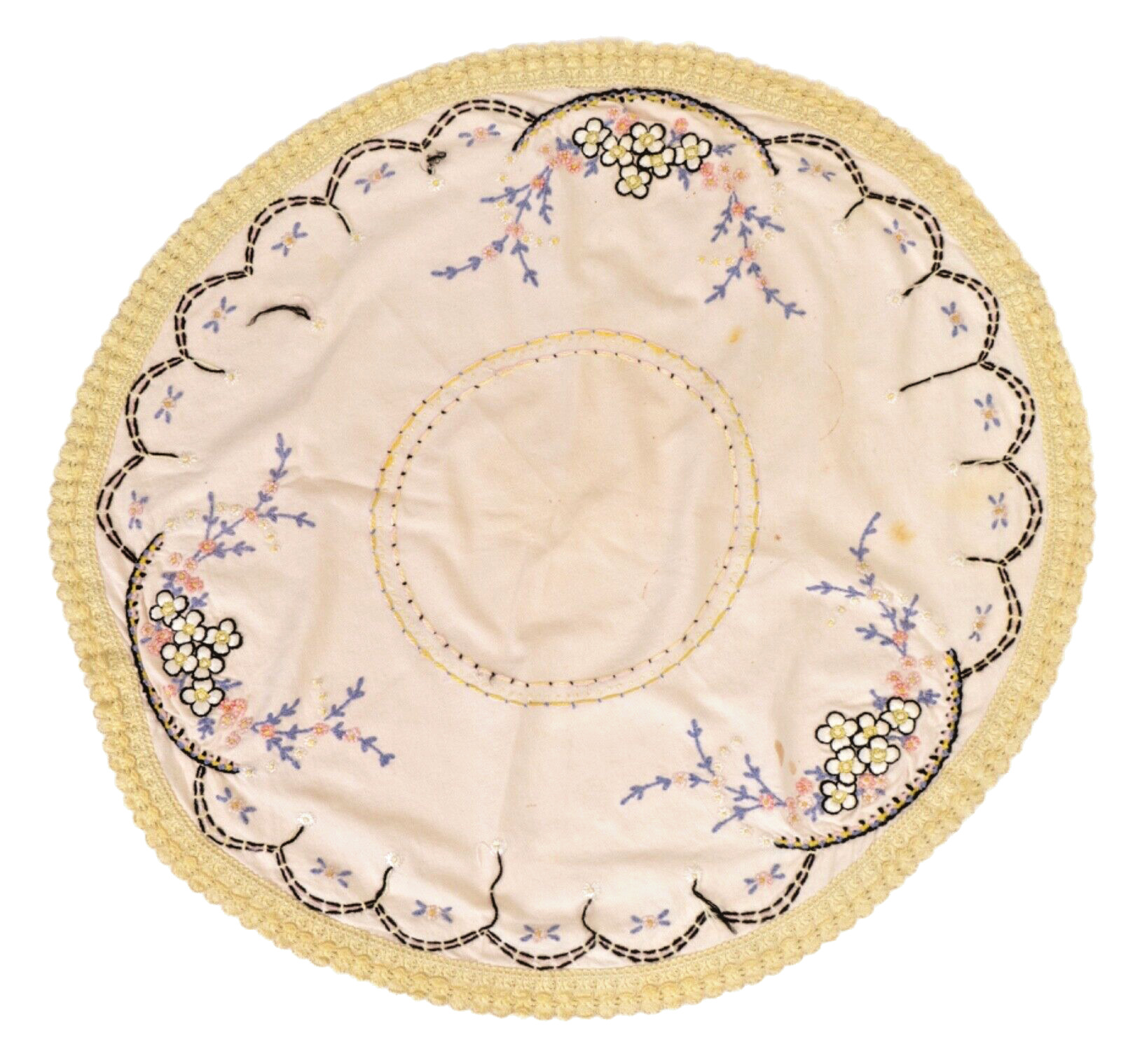 Vintage 1920s-30s Trapunto Embroidered Linen Round Charming Cottage Tablecloth