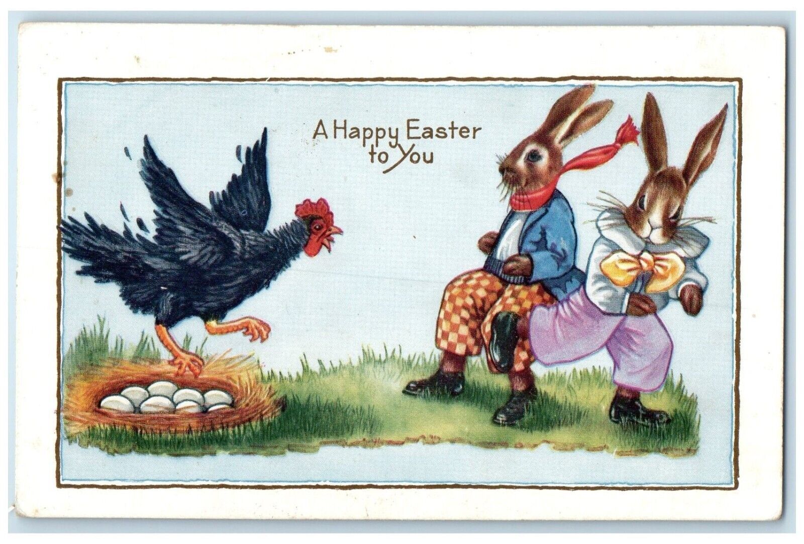 c1910's Easter Anthropomorphic Rabbit Chick Eggs Nest Embossed Antique Postcard