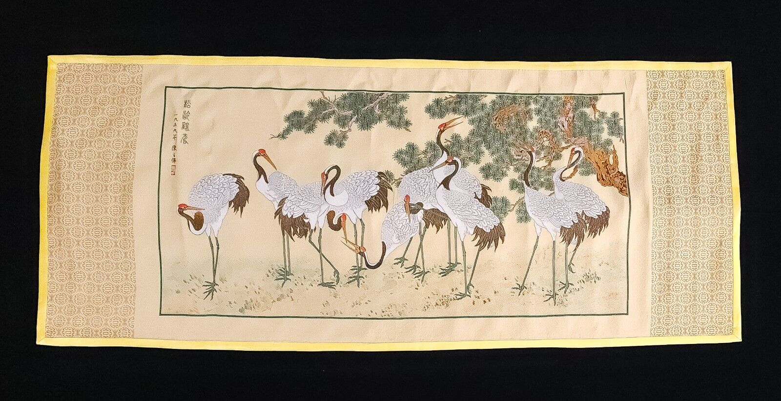 Embroidered Chinese Panel Art Vtg Red Crowned Crane Large MCM Longevity 1958