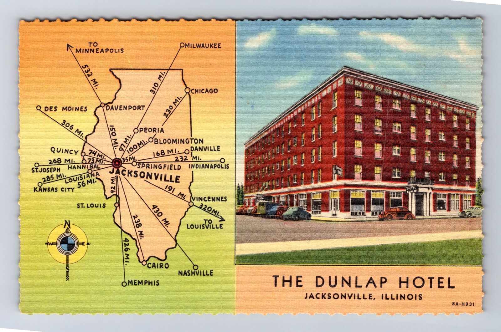 Jacksonville IL-Illinois, The Dunlap Hotel, Advertisement, Vintage Postcard