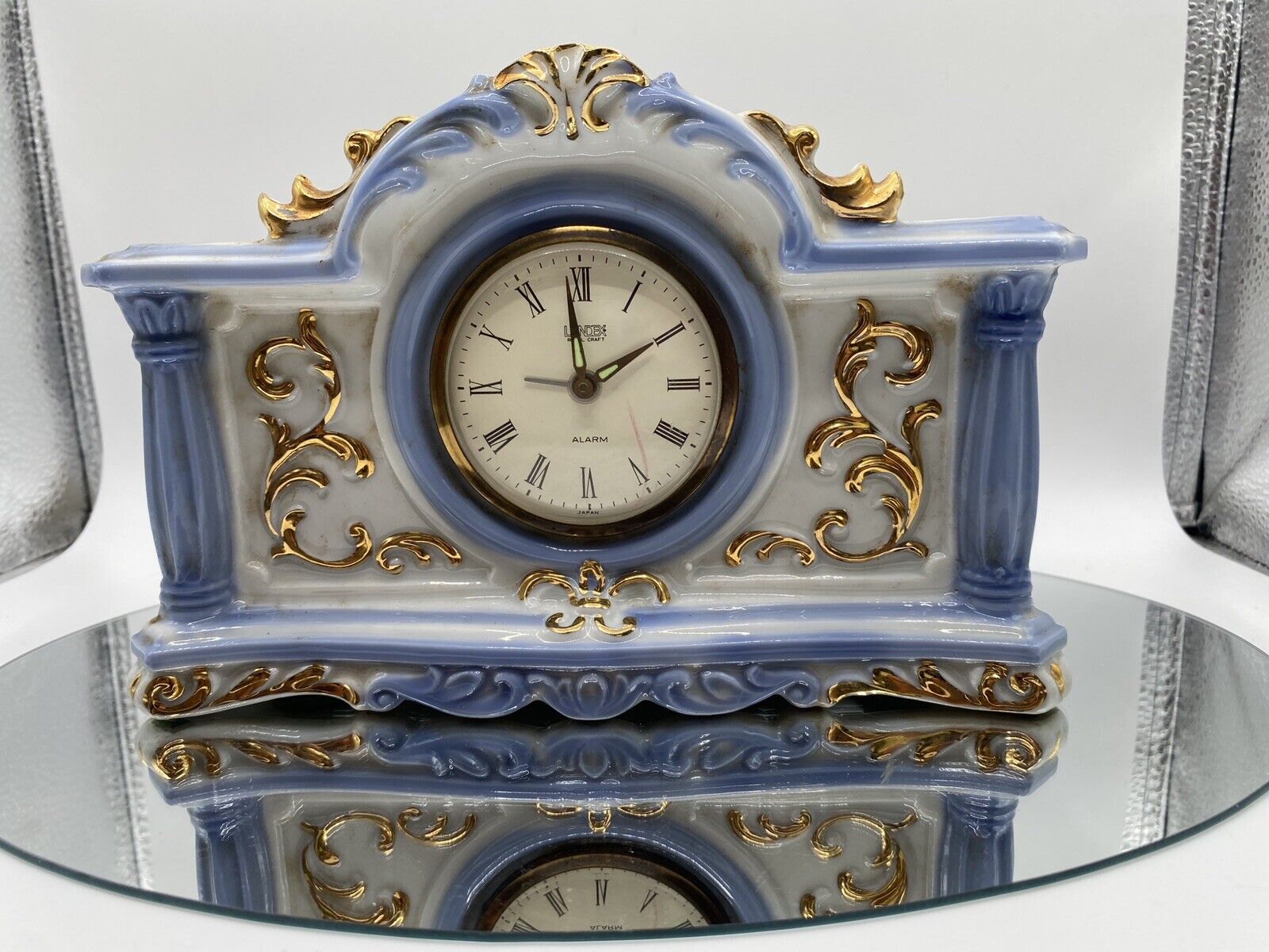 Vintage Landex Royal Craft Blue/White Porcelain Alarm Clock Gold Trim Beautiful