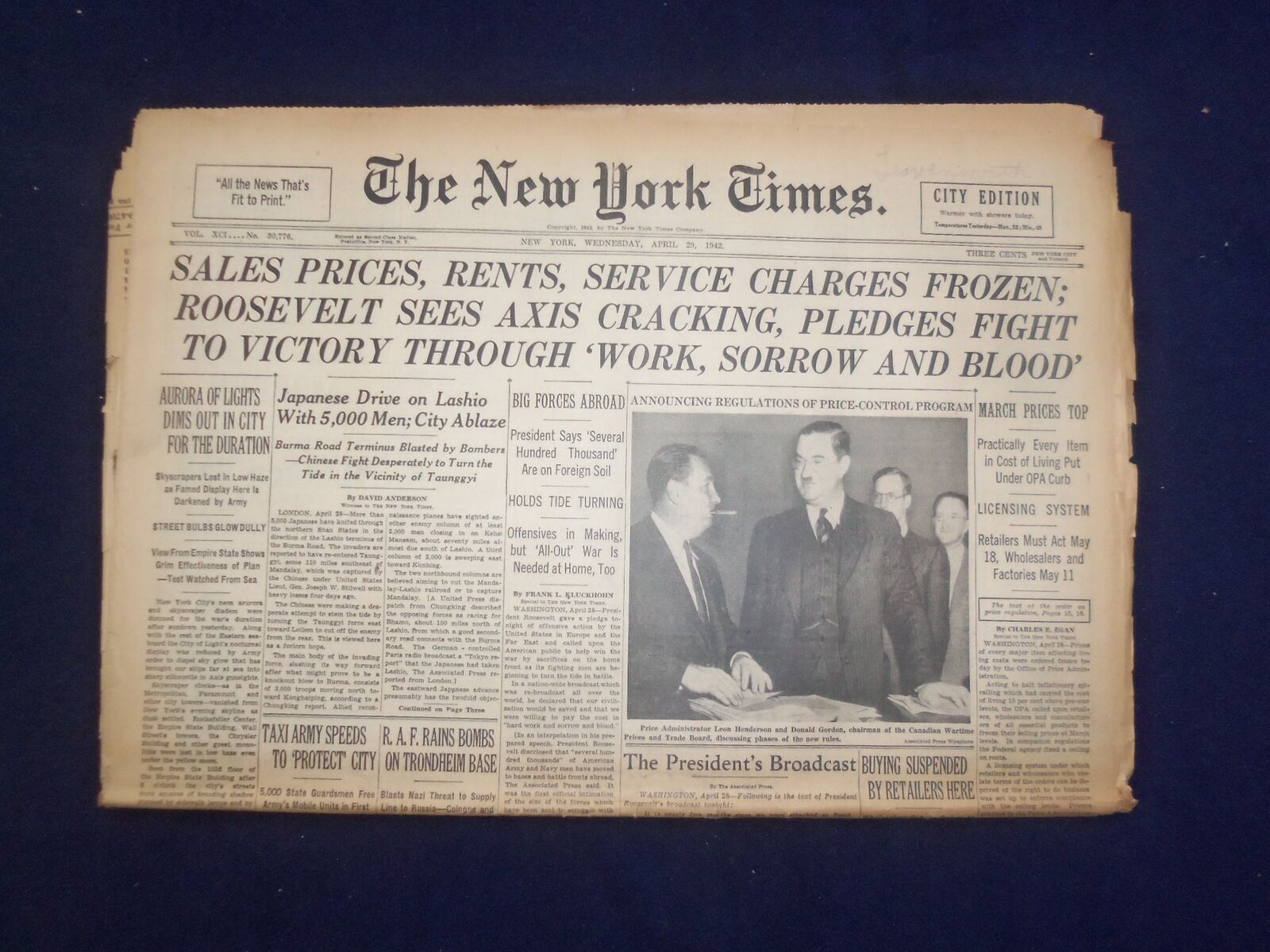 1943 APR 29 NEW YORK TIMES -SALES PRICES, RENTS, SERVICE CHARGES FROZEN- NP 6533